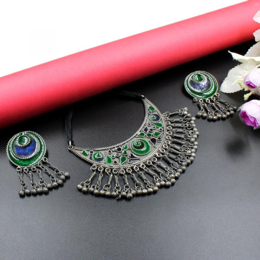 Orlenna Tribal Black Metal Meena Necklace Set