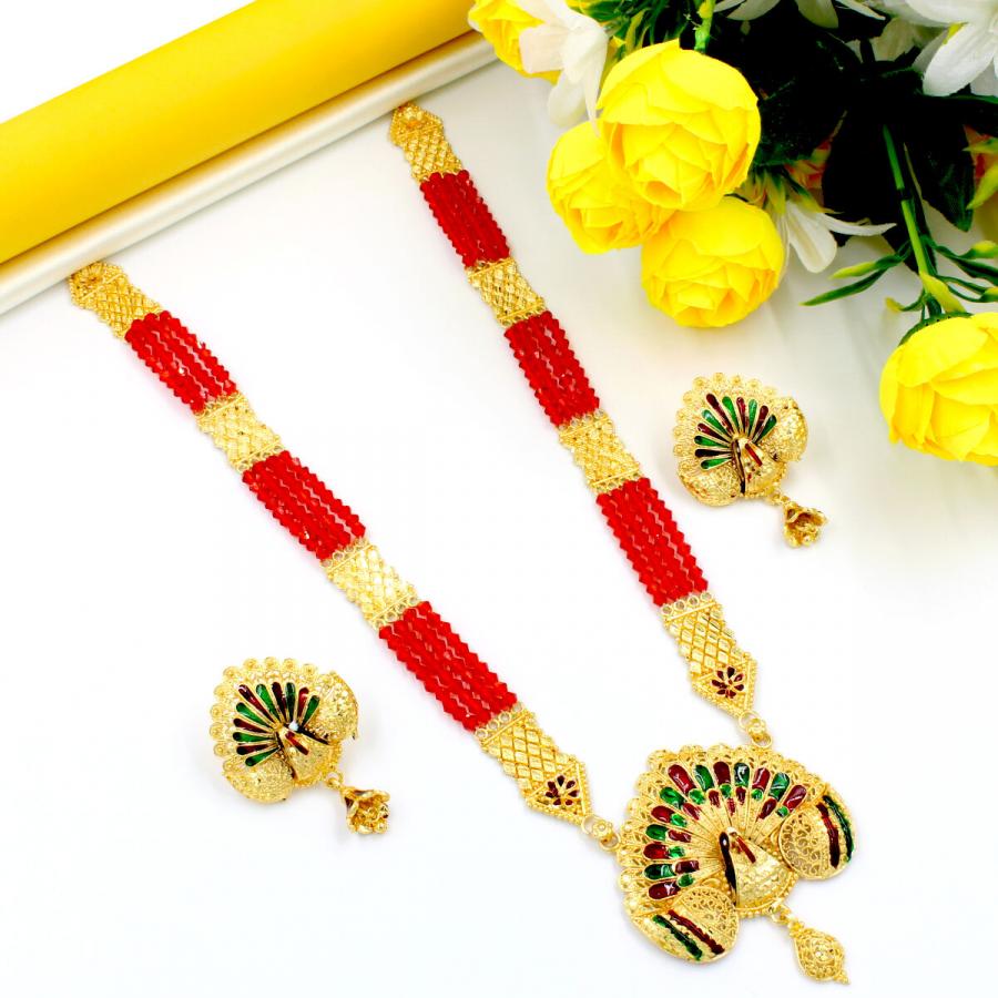 Orlenna Traditional Gold Plated Meena Necklace Set Long