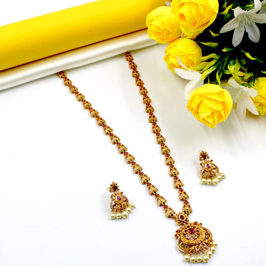 Orlenna Utsav Temple American Diamond & Pearl Necklace Set Long