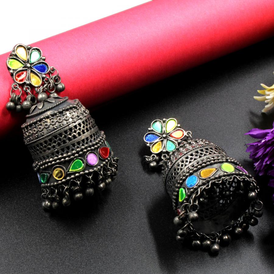 Banjaran Black Metal Earring Jhumka Set