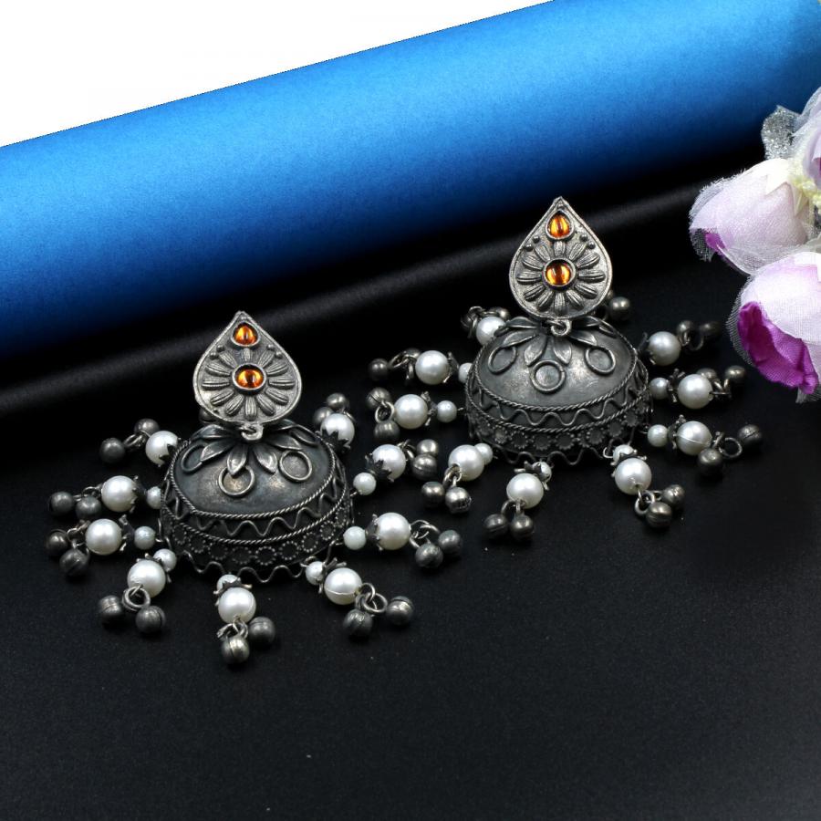 Tribal Oxidized Pearl Earring Jhumka