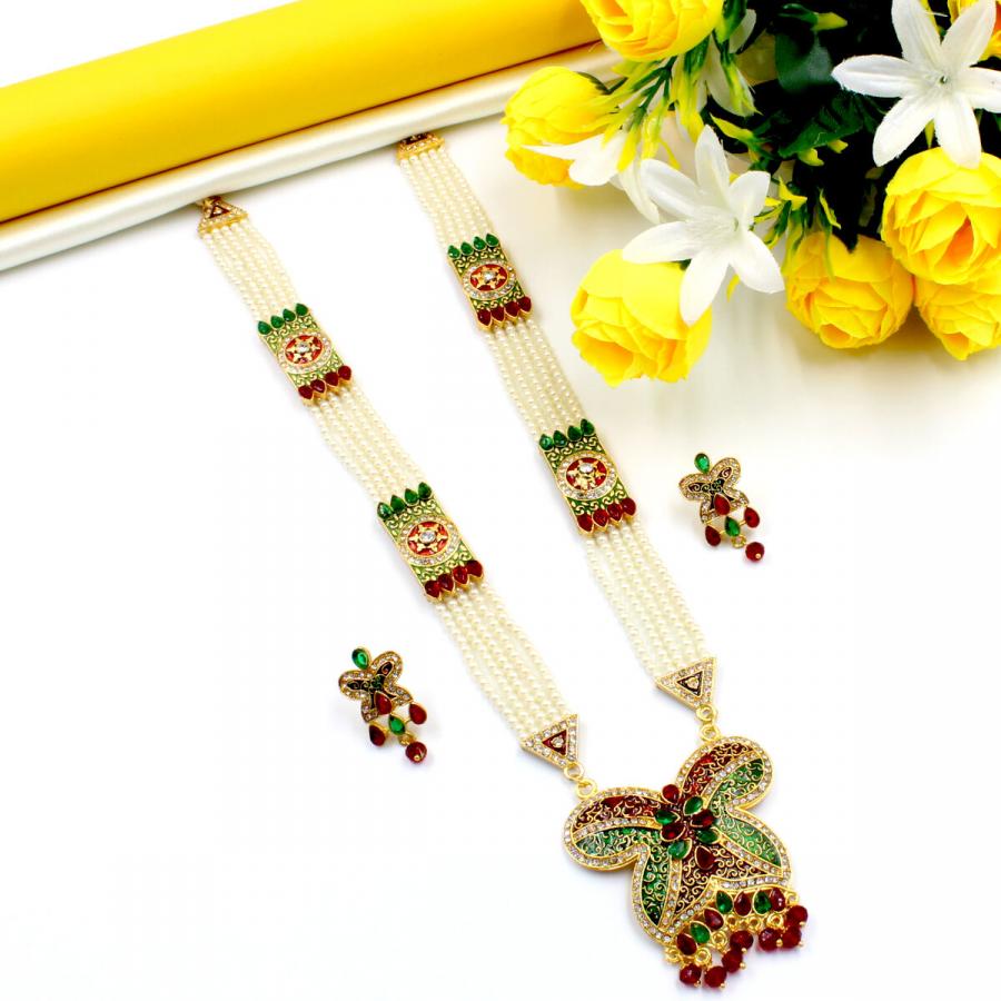 Ethnic Gold Plated Pearl Necklace Set Long