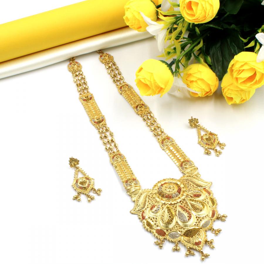 Elegant Gold Plated Meena Necklace Set Long