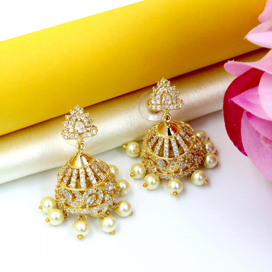 Stunning Temple American Diamond & Pearl Earring Jhumka