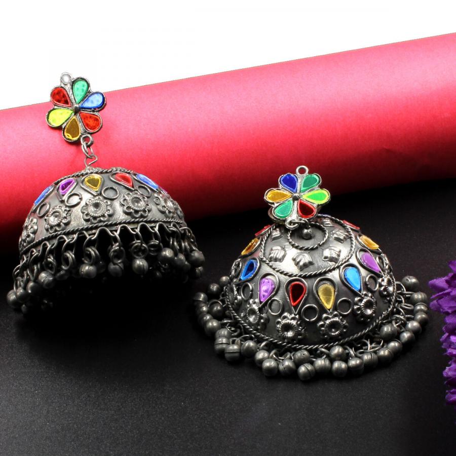 Orlenna Tribal Black Metal Earring Jhumka Set