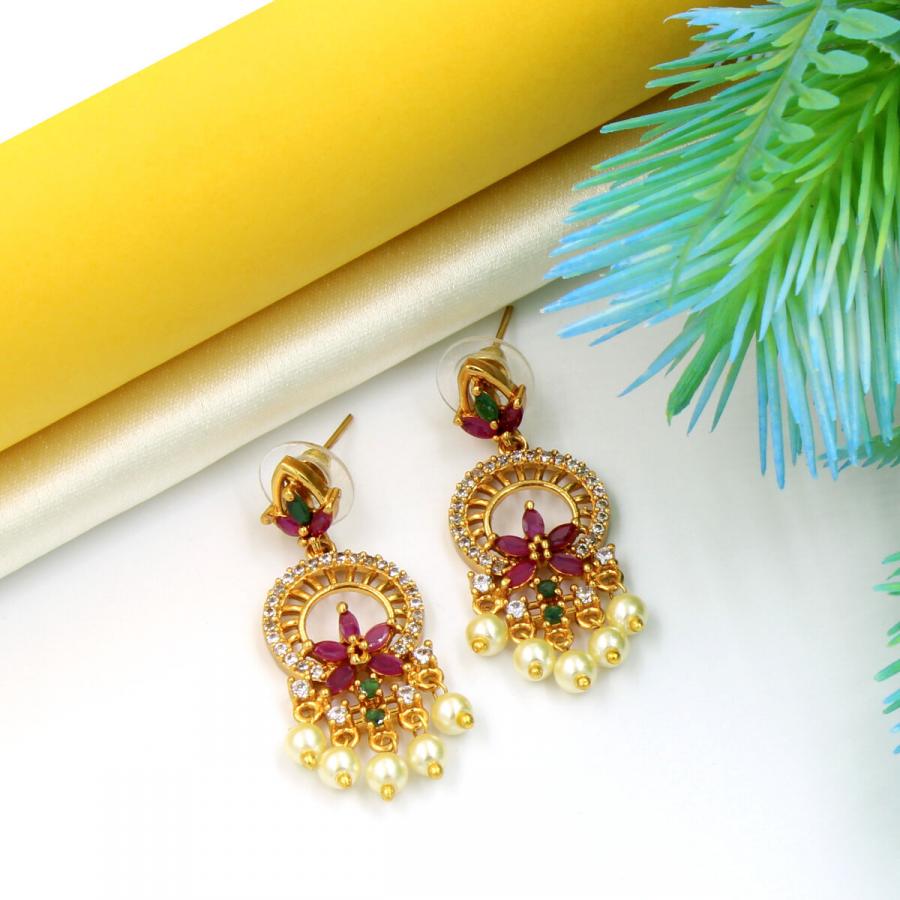 Ethnic Temple American Diamond & Pearl Earring