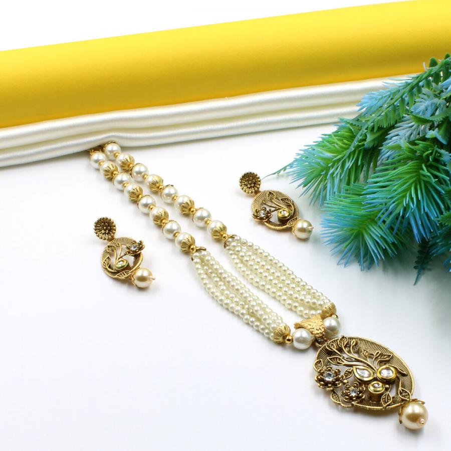 Orlenna Traditional Kundan Pearl Necklace Set Long