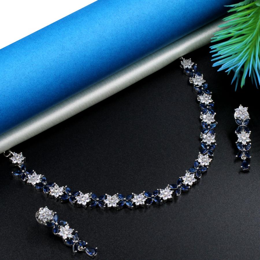 Orlenna Blue American Diamond Necklace Set Short