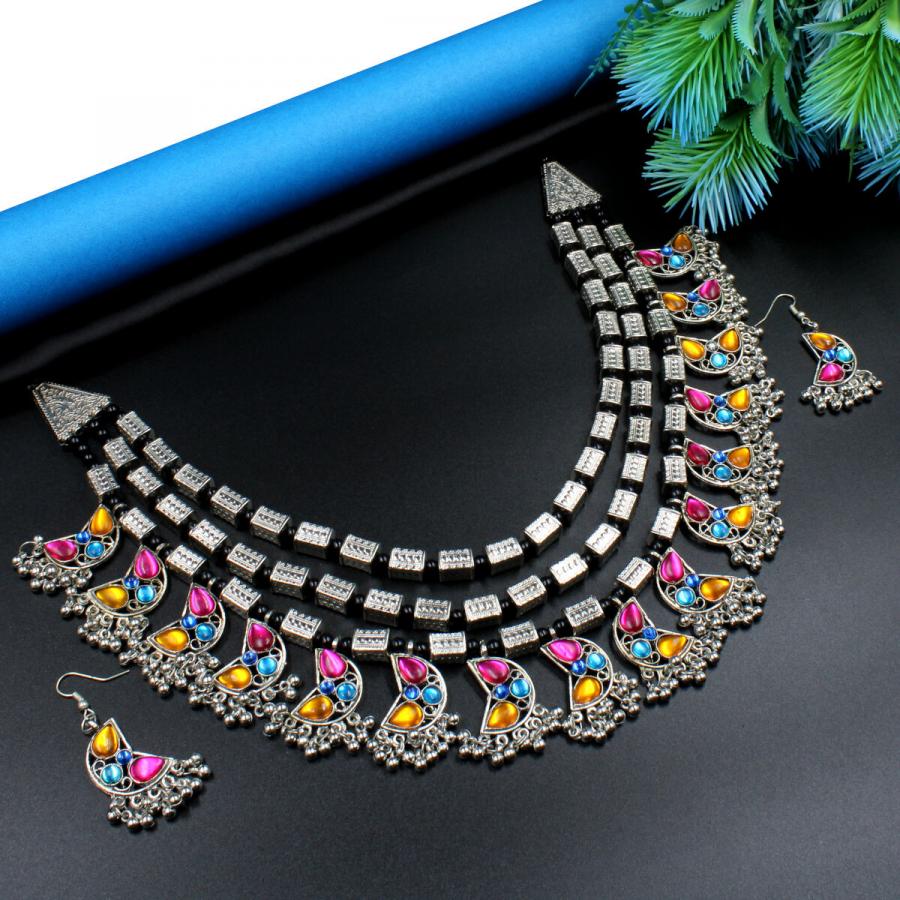 Glamorous Oxidized Synthetic Meena Necklace Set Long