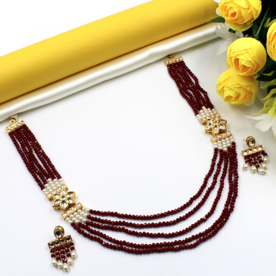 Ethnic Kundan Crystal Beads Necklace Set Long