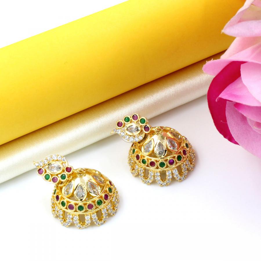 Orlenna Shine Temple American Diamond & Pearl Earring Jhumka