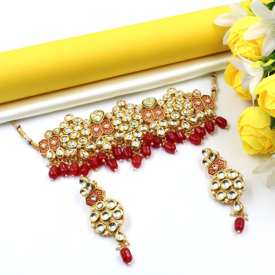 Orlenna Traditional Kundan Pearl & Crystal Beads Choker