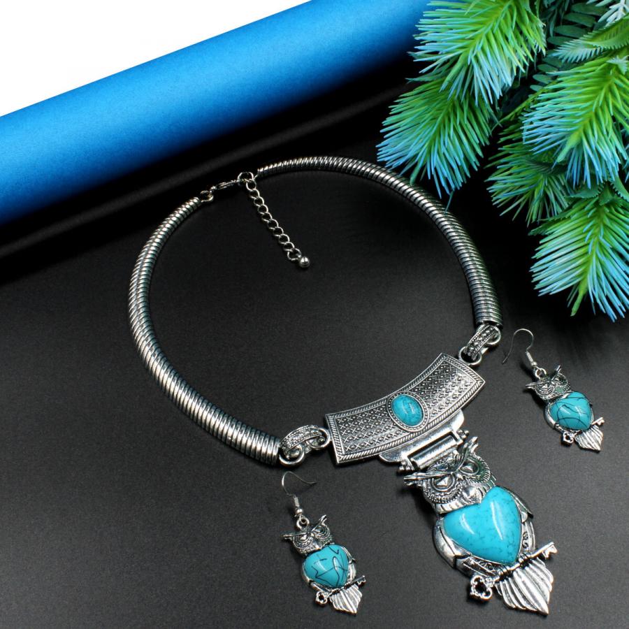 High Quality Oxidized Necklace Set Short - Light Blue Beads