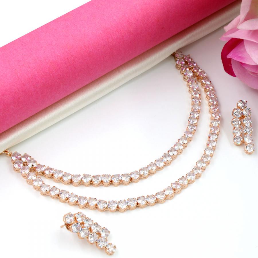 Orlenna Glitter American Diamond Necklace Set Short - Rose Gold