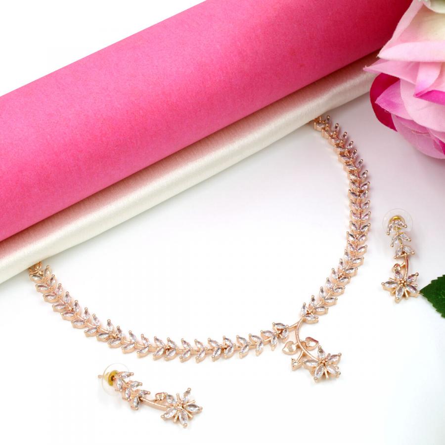 Orlenna Shine American Diamond Rose Gold Necklace Set Short