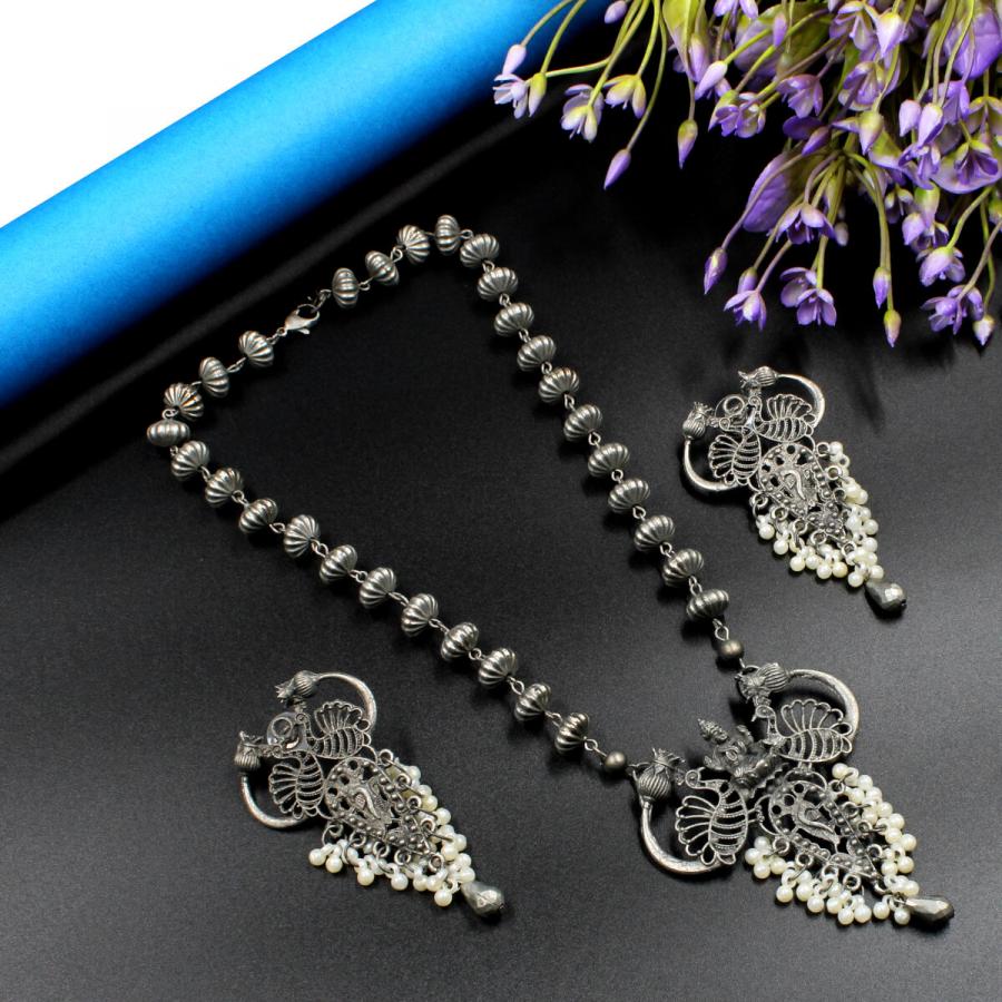 Orlenna Banjaran Oxidized Pearl Necklace Set Long