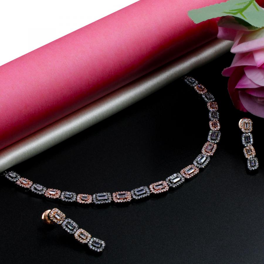 Orlenna Sparkling Rose Gold American Diamond Necklace Set Short