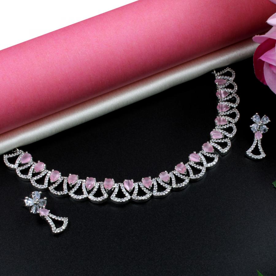 Orlenna Sparkling American Diamond Necklace Set Short - Pink