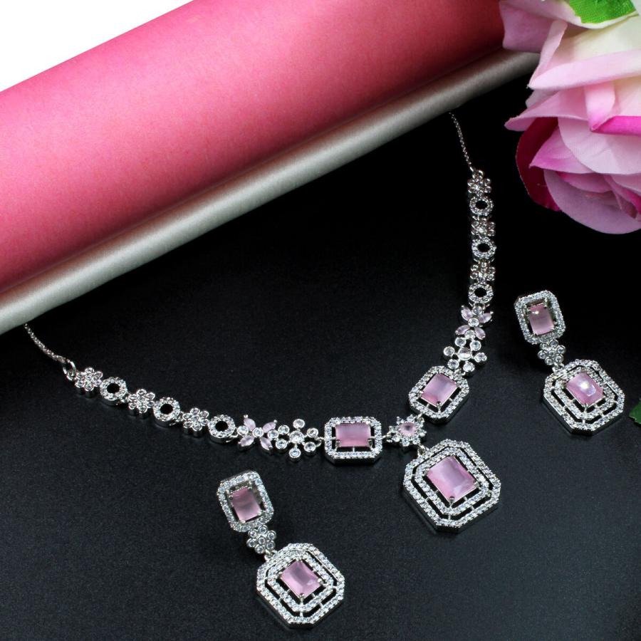 Orlenna Glamour American Diamond Pink Necklace Set Short