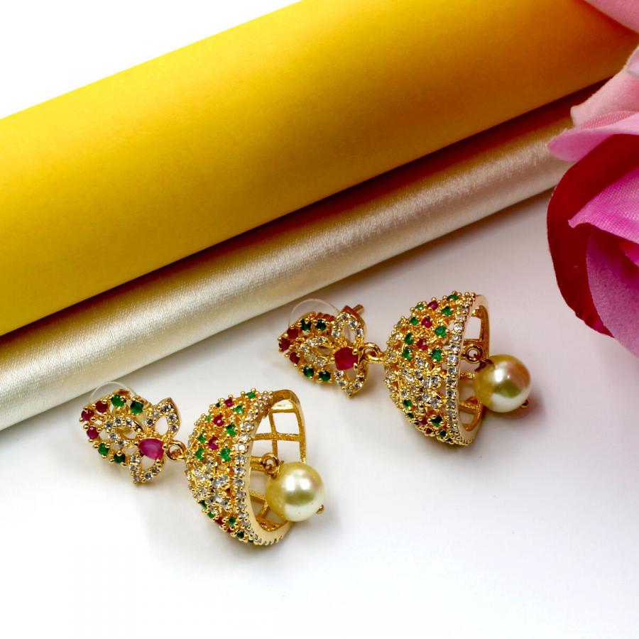 Glittering Temple American Diamond Earring Jhumka Set