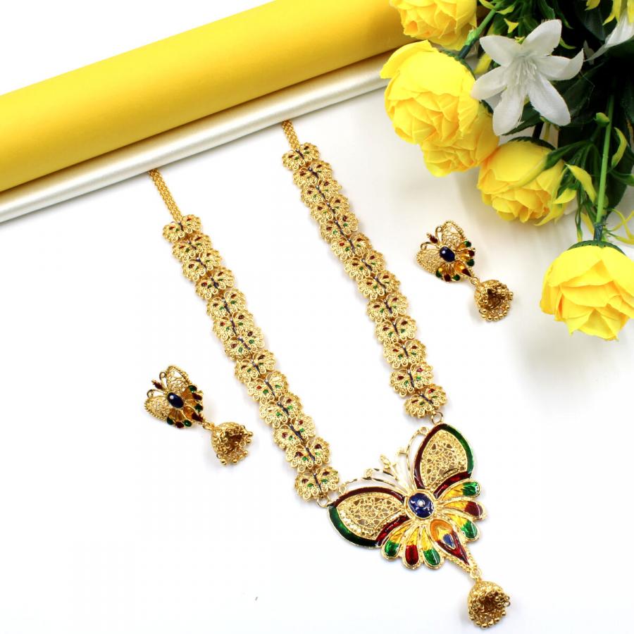 Eye catching Gold Plated Meena Necklace Set Long