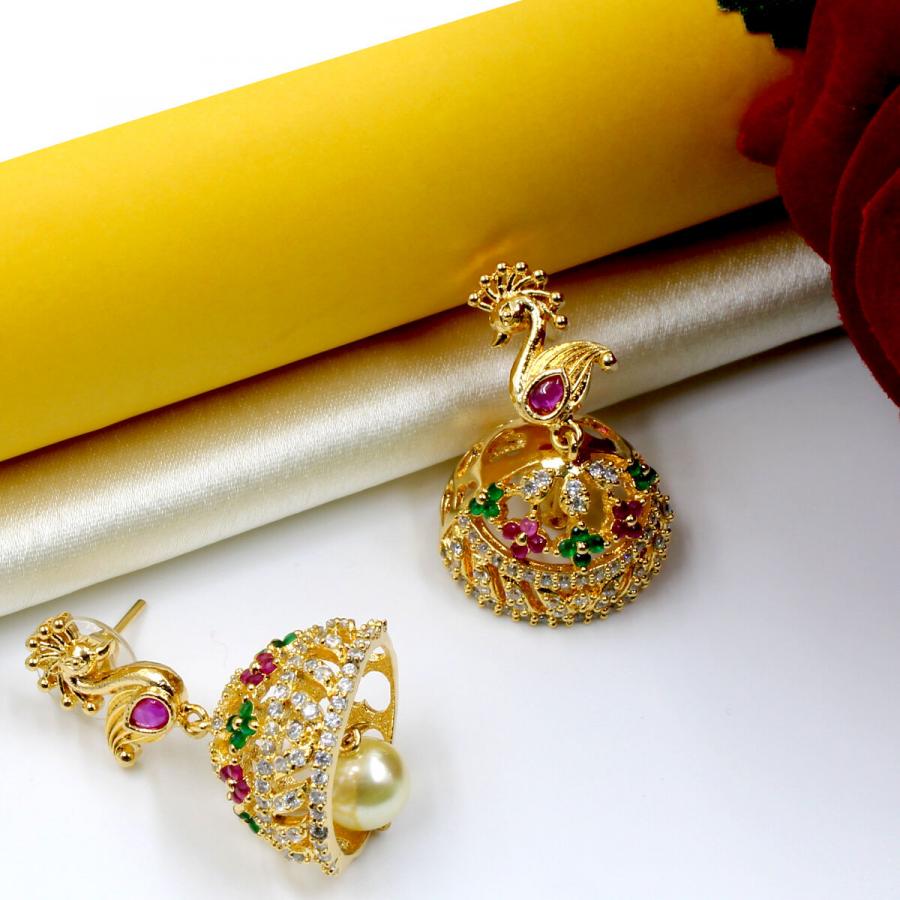 Stylish Temple American Diamond & Pearl Earring Jhumka Set