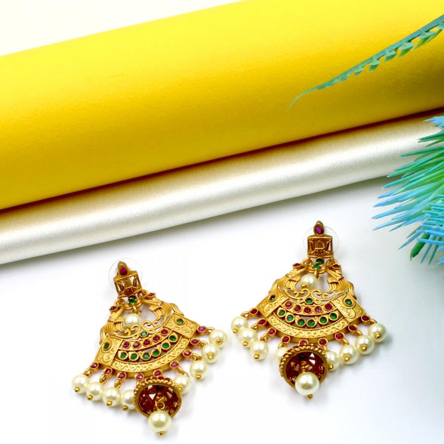 Ethnic Temple Pearl & Crystal Beads Earring Jhumka Set