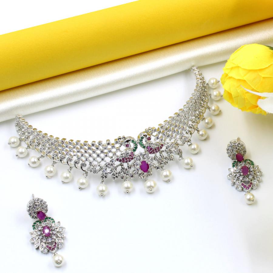 Lustrous Choker- American Diamond, Pearl & Crystal