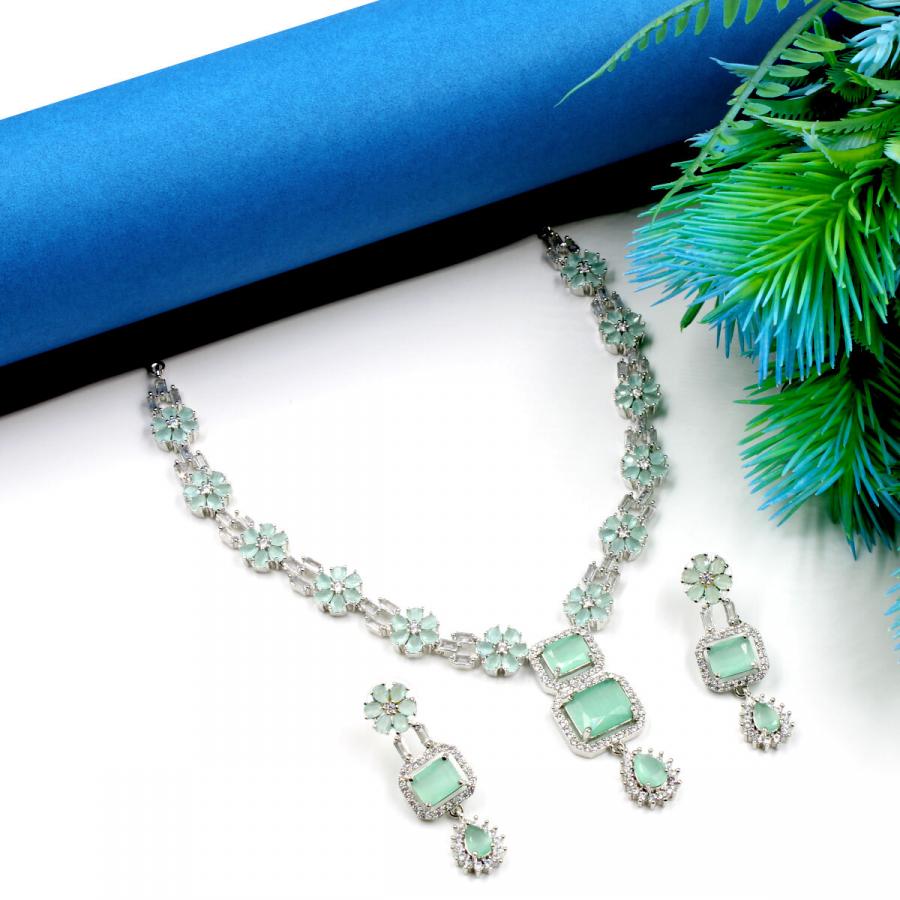 Orlenna Green Short Necklace Set - American Diamond