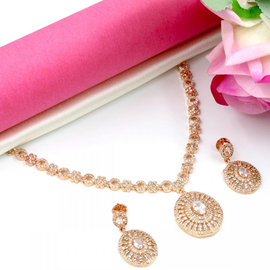 Eye Catching American Diamond Necklace Set Short Rose Gold