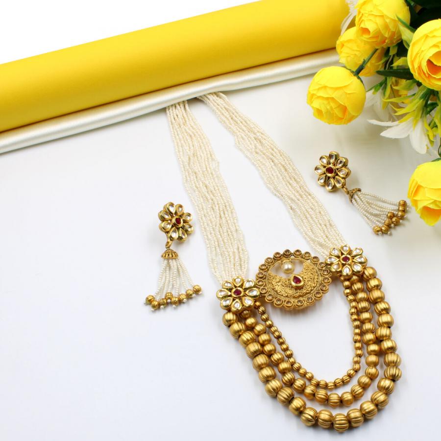 Orlenna Traditional Kundan Pearl Long Necklace Set