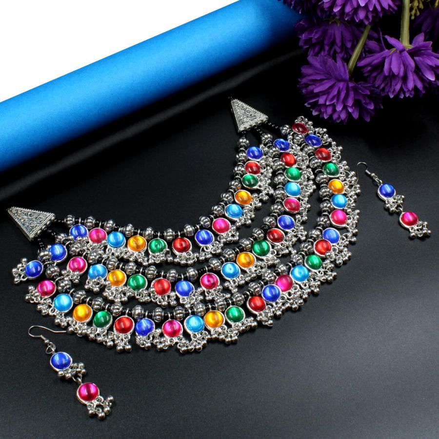 Glittering Oxidized Synthetic Meena Necklace Set Long