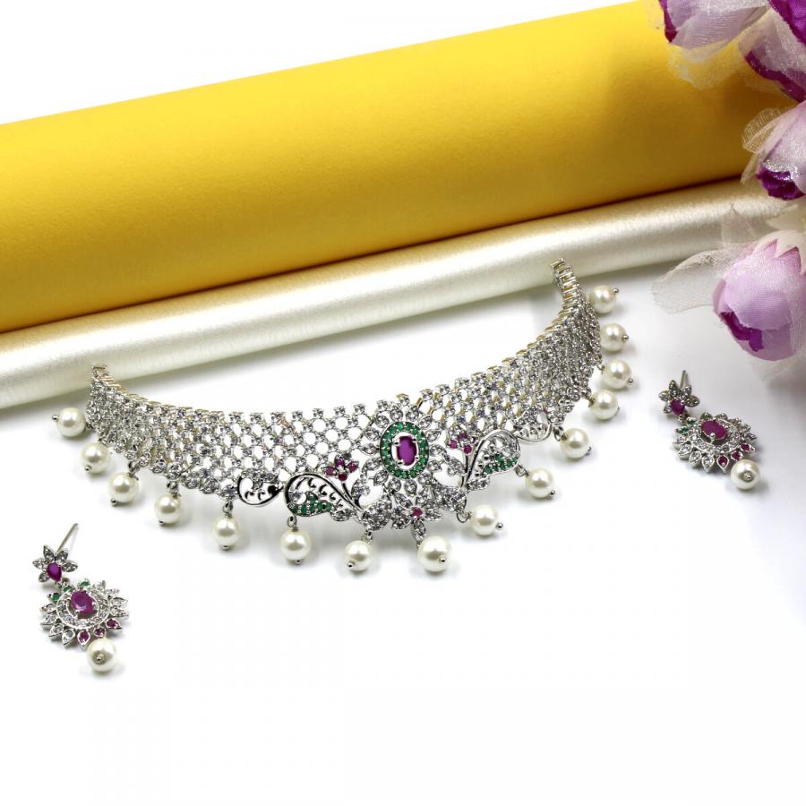 Orlenna Dazzle American Diamond, Pearl & Crystal Choker