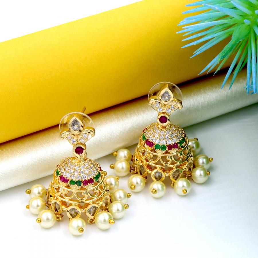 Orlenna Traditional Earring Jhumka Set- American Diamond & Pearl