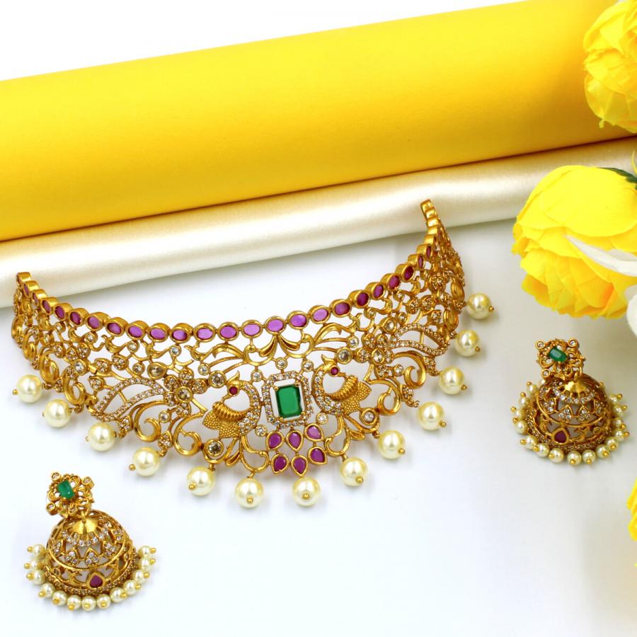 Orlenna Utsav Temple American Diamond & Pearl Choker