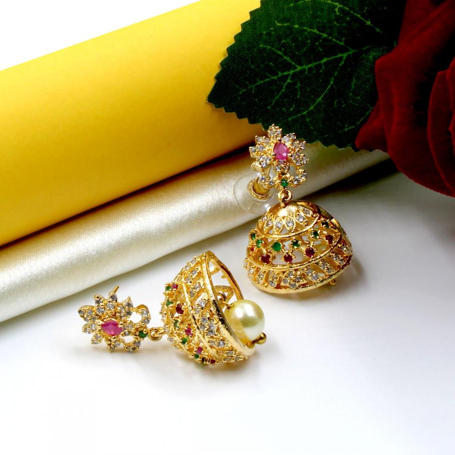 Exclusive Temple American Diamond & Pearl Earring Jhumka Set