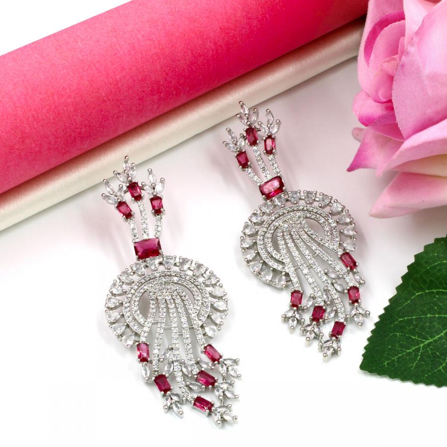 Stylish American Diamond Earrings - Ruby Red