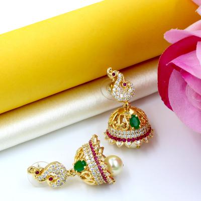 Orlenna Temple Earring Jhumka Set- American Diamond & Pearl