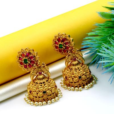 Orlenna Shine Temple Pearl & Crystal Beads Earring Jhumka Set