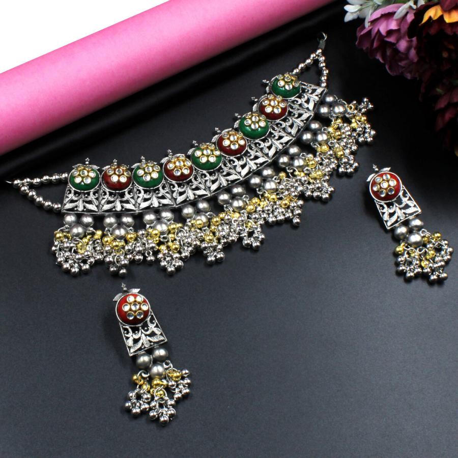 Orlenna Beautifully Crafted Oxidised Kundan Choker