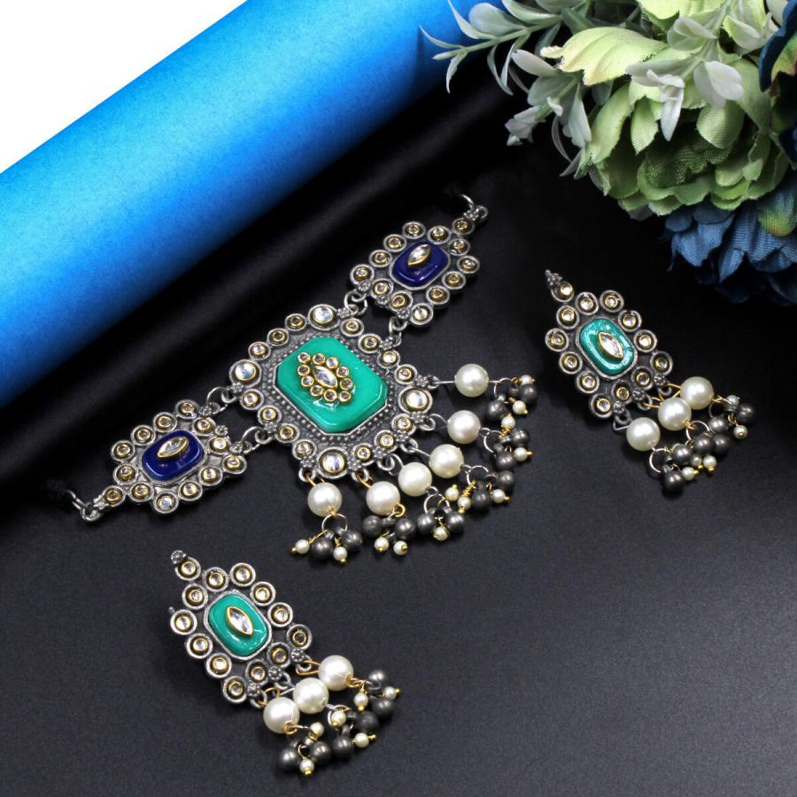 Orlenna Gypsy Oxidised Kundan Pearl Choker