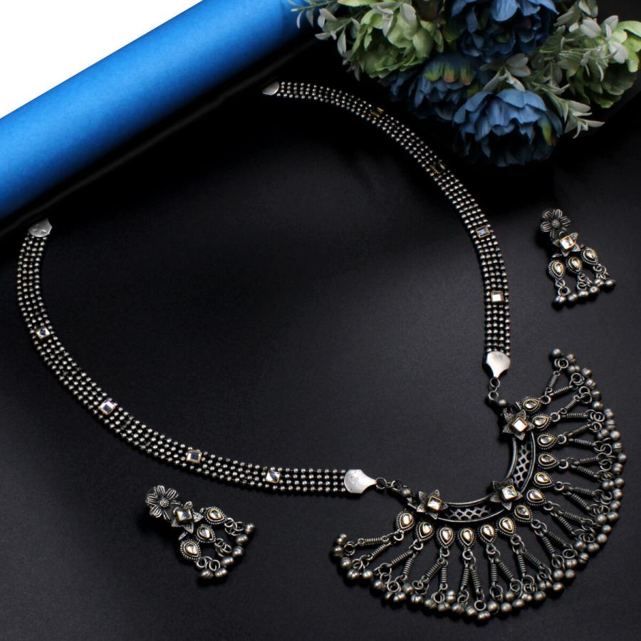 Trendy Oxidised Kundan Necklace Set Long