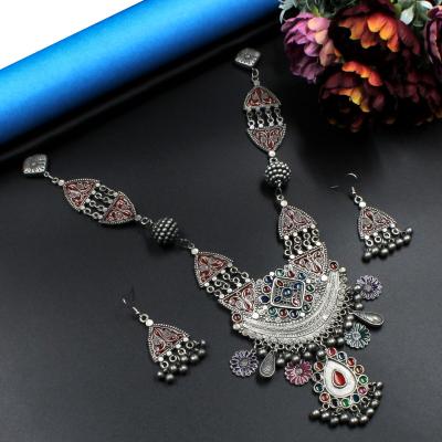 Orlenna Gypsy Oxidised Meena Necklace Set Short