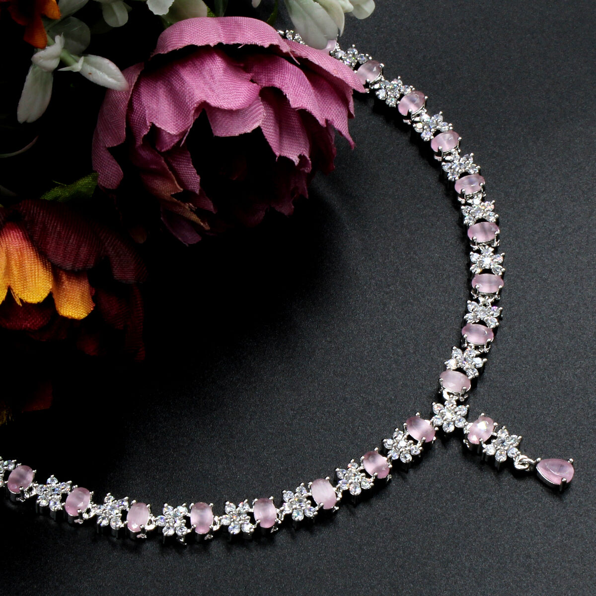 Pink Sleek American Diamond Necklace Set Short