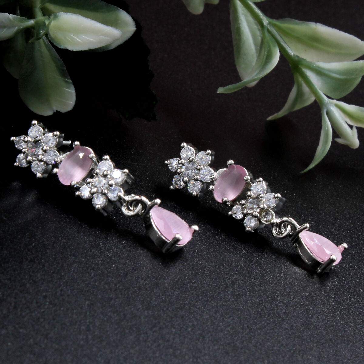 Pink Sleek American Diamond Necklace Set Short