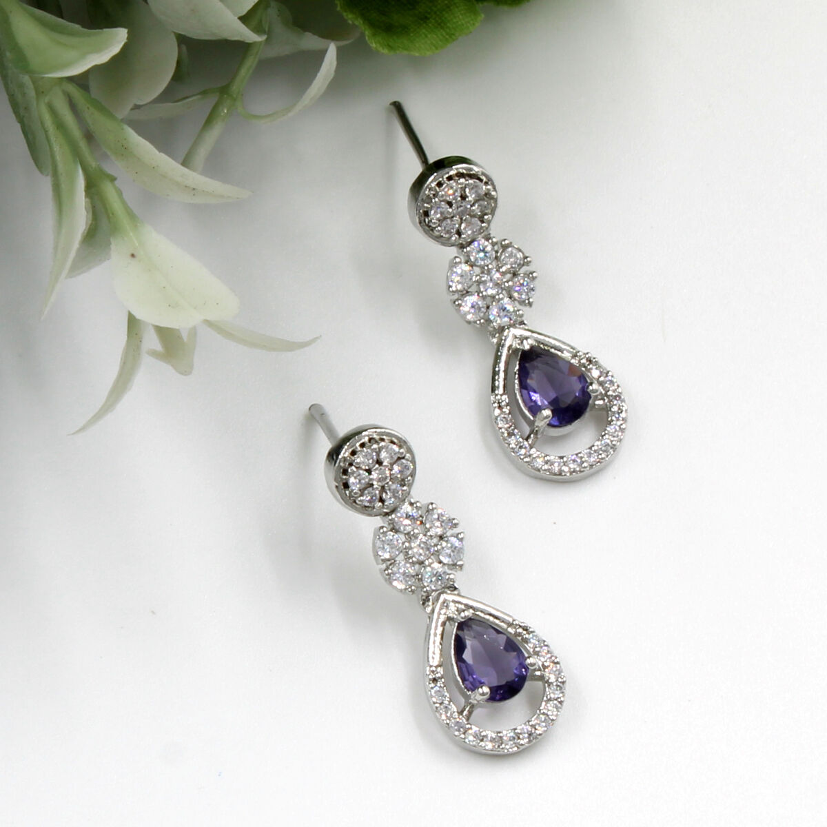 Blue Pendant American Diamond Necklace Set Short