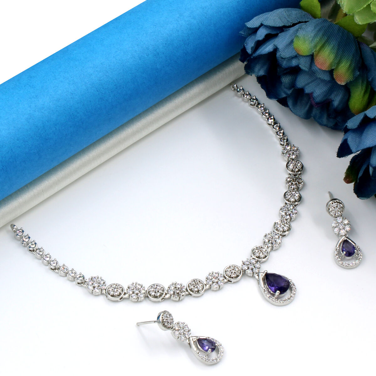 Blue Pendant American Diamond Necklace Set Short