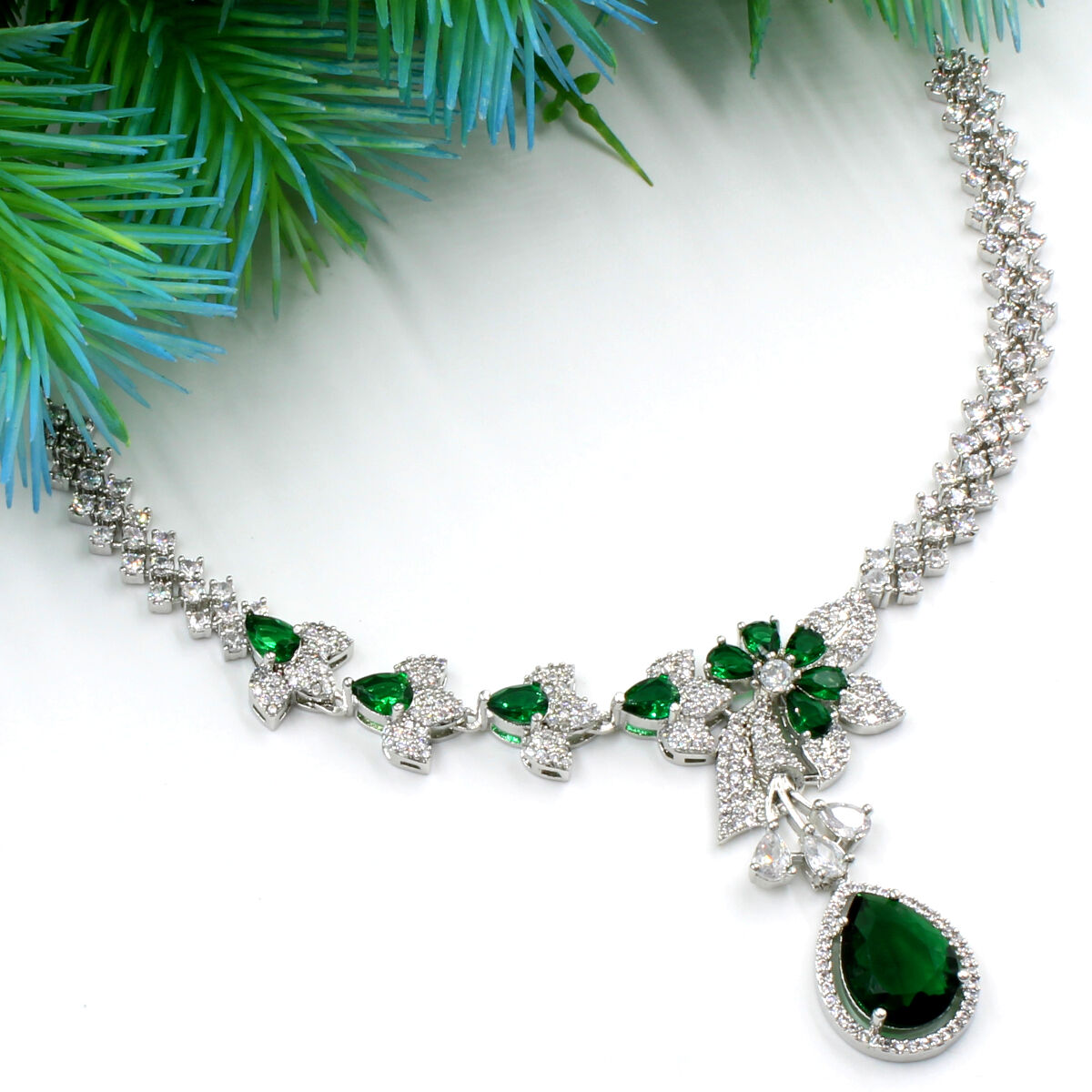 Green Petals American Diamond Necklace Set Short