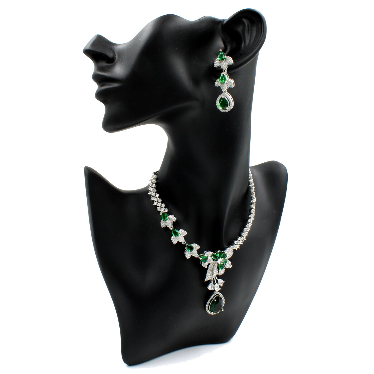 Green Petals American Diamond Necklace Set Short