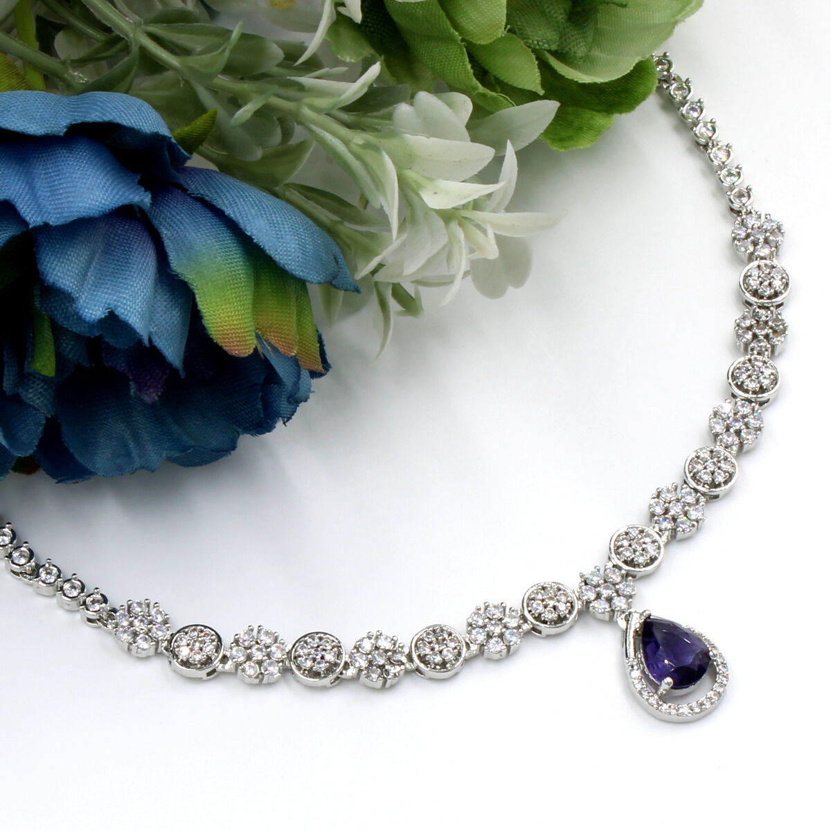 Blue Pendant American Diamond Necklace Set Short